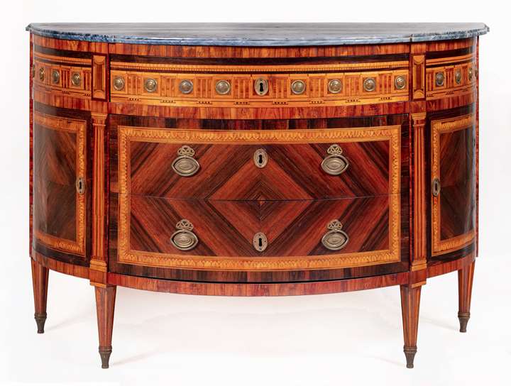 A North Italian ormolu-mounted kingwood, tulipwood, satinwood and parquetry demilune commode